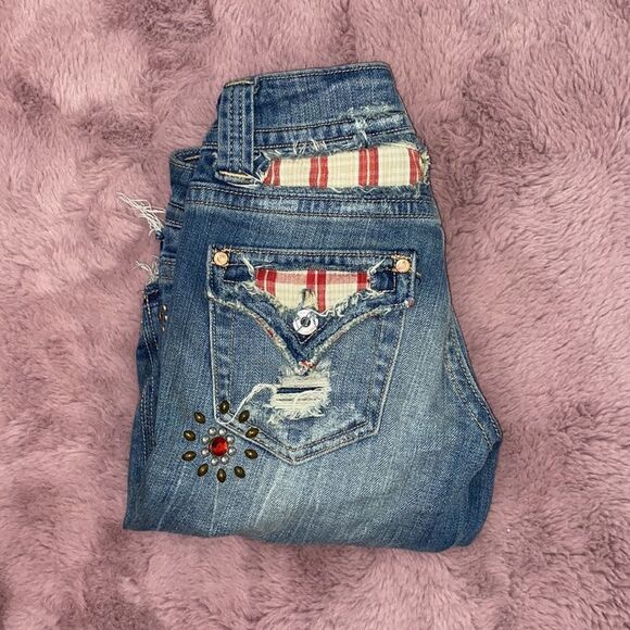 Miss Me Embellished Blue Denim Distressed Print Design Shorts Boho - Picture 2 of 14